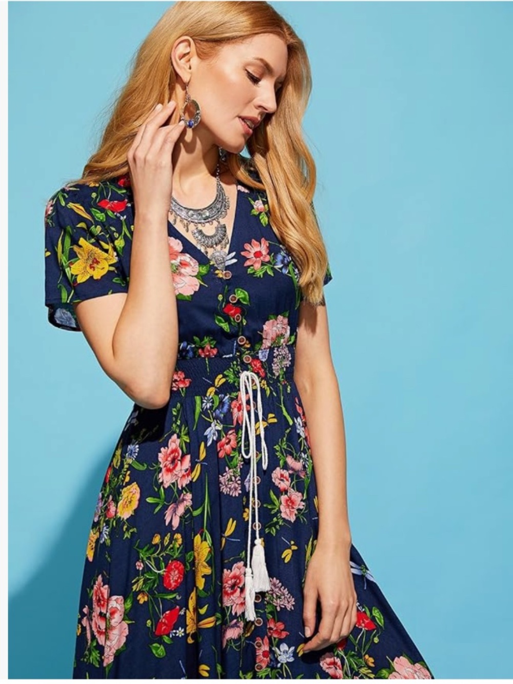 Floral Print Button Up Party Flowy Maxi Dress Navy Blue